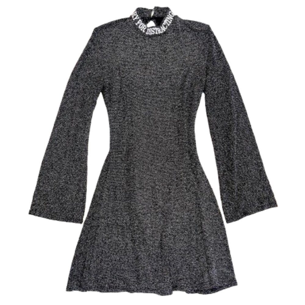 Fearless lustration lurex bell sleeves black mini monk neck dress S